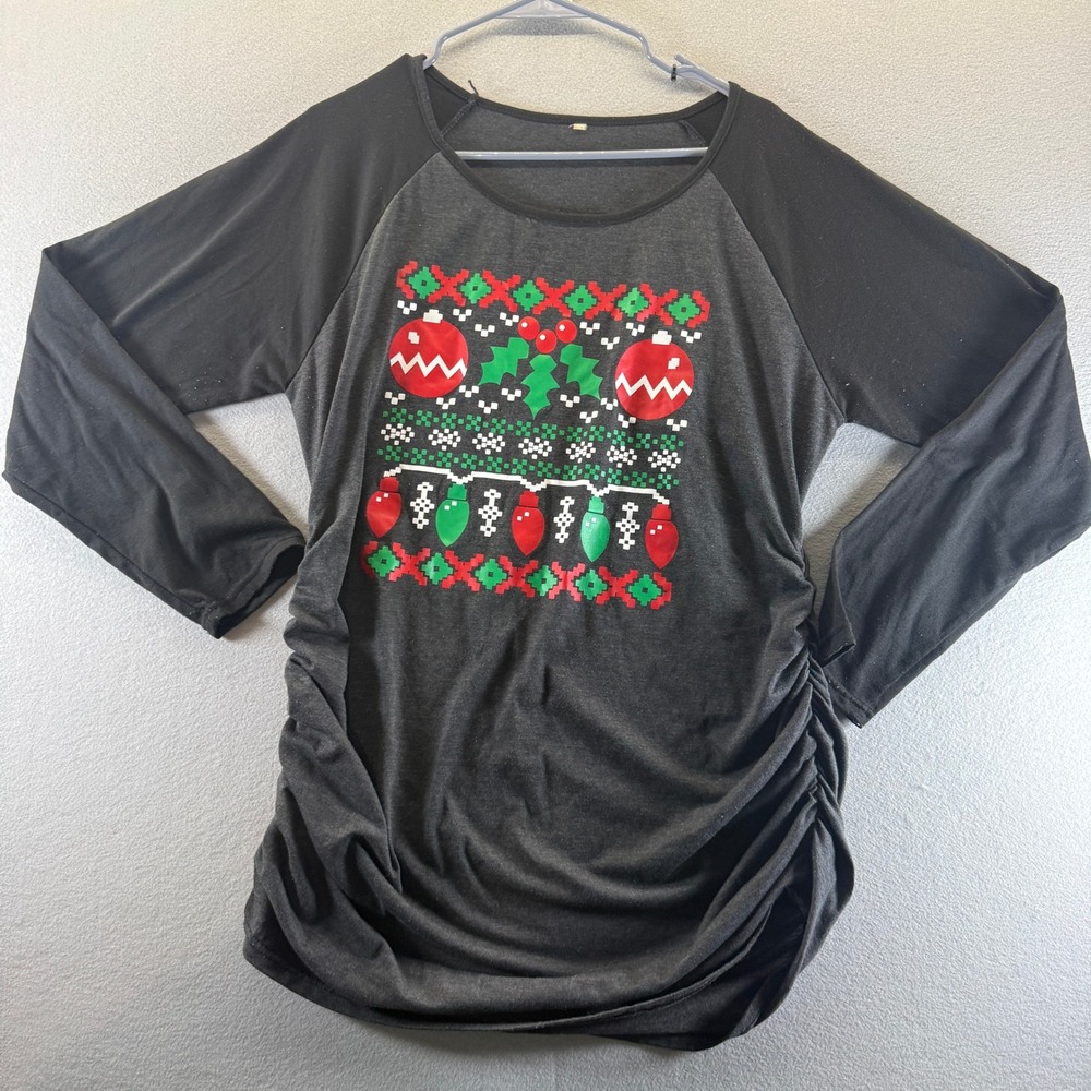 Maternity Christmas Graphic T-Shirt Ruched Side Long Sleeve Grey Large